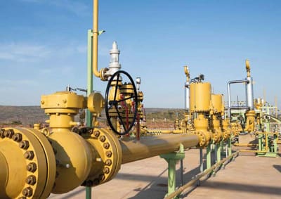 Oil and gas pipeline valves at a processing facility